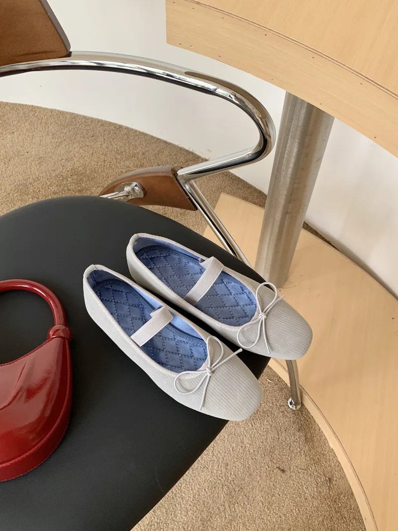 Sweet Butterfly Knot Stripe Design Mary Jane Shoes Comfortable Suede Elastic Band Casual Flats Elegant Brand Shoe
