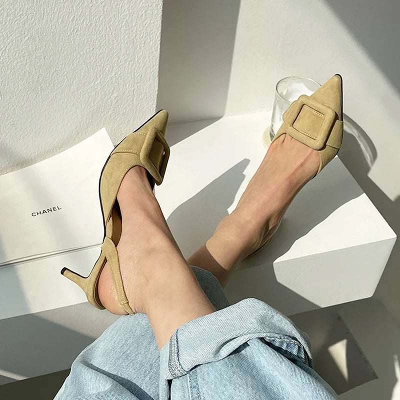 Sandals Pointed Toe High Heels Stiletto Square Buckle Large Size Single Shoes
