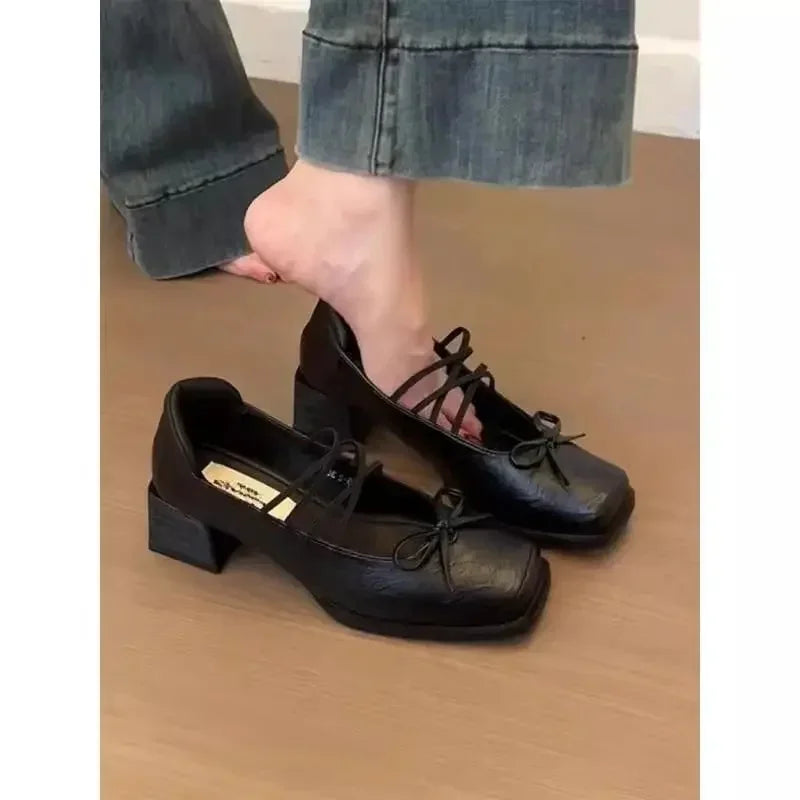 Mary Jane Flat Heels Retro Style Shoes Sweet Cool Butterfly Knot High Heels Comfortable Rubber
