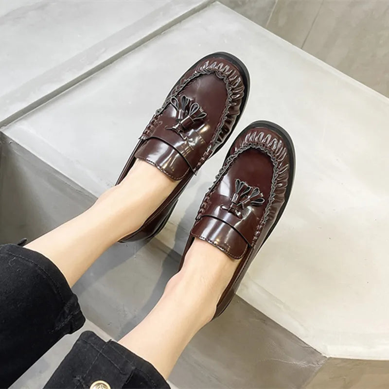 Patent Leather Tassel Design Loafers Square Heel Flat Shoes Comfortable College Style Shoes Zapatos De Mujer