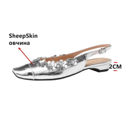 Genuine Leather Pumps FLowers Decoration Party Wedding Shoes Woman Slingbacks Pumps