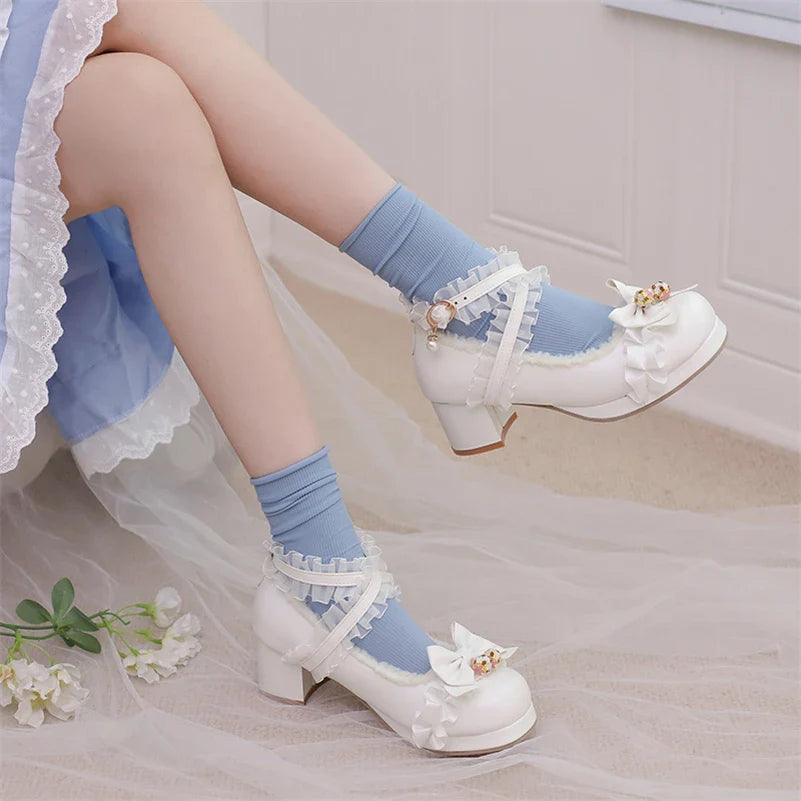 Lolita Pumps Round Toe Thick Mid Heels Cross Strap Buckle Bow Kawaii Cosplay Shoes Beige 46