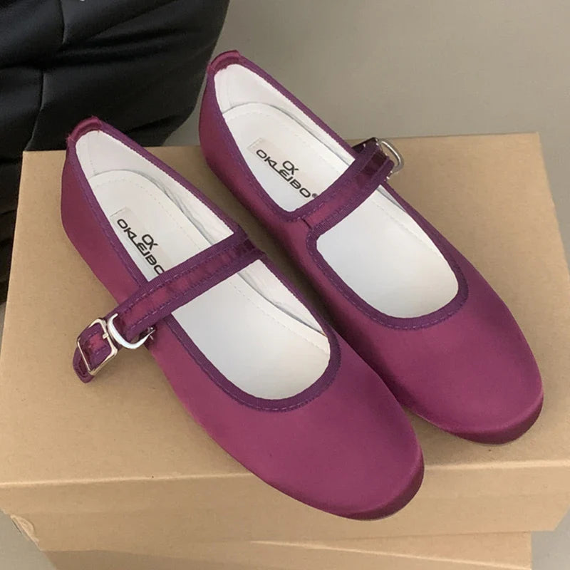 Comfort Satin Soft Sole Mary Jane Shoes Round Toe Shallow Flats Elegant Buckle Prom Ballet Shoes