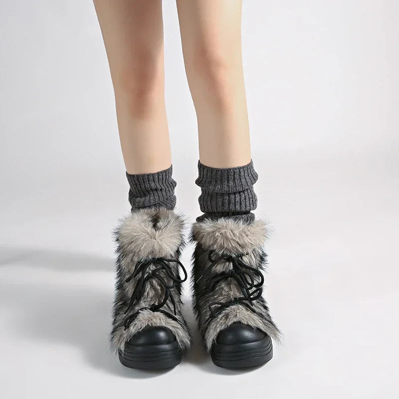 Furry Lace Up Snow Boots Concise Height Increase Shoes Thick Sole Warm Cotton Short Booties Zapatos De Muje