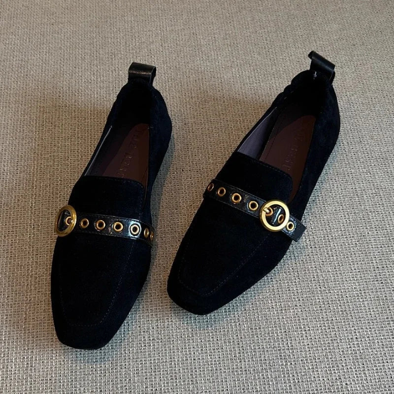 Metal Belt Buckle Design Loafers Retro Suede Square Toe Flats Street Style Comfort Casual Shoe Zapatos Mujer