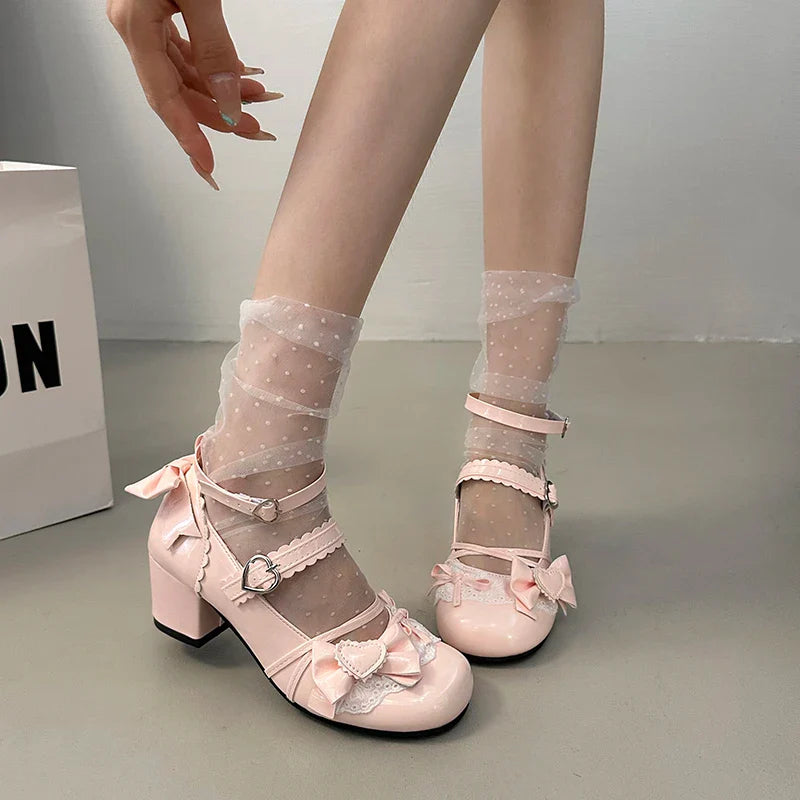 Butterfly-knot Lolita Mary Jane Shoes Elegant Round Toe Thick Heel Shoes Dress Pumps