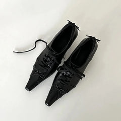 Retro Square Toe Lace Up Leather Pumps Temperament Niche Mid Heel Shoes Versatile Soft Shoes Comfortable