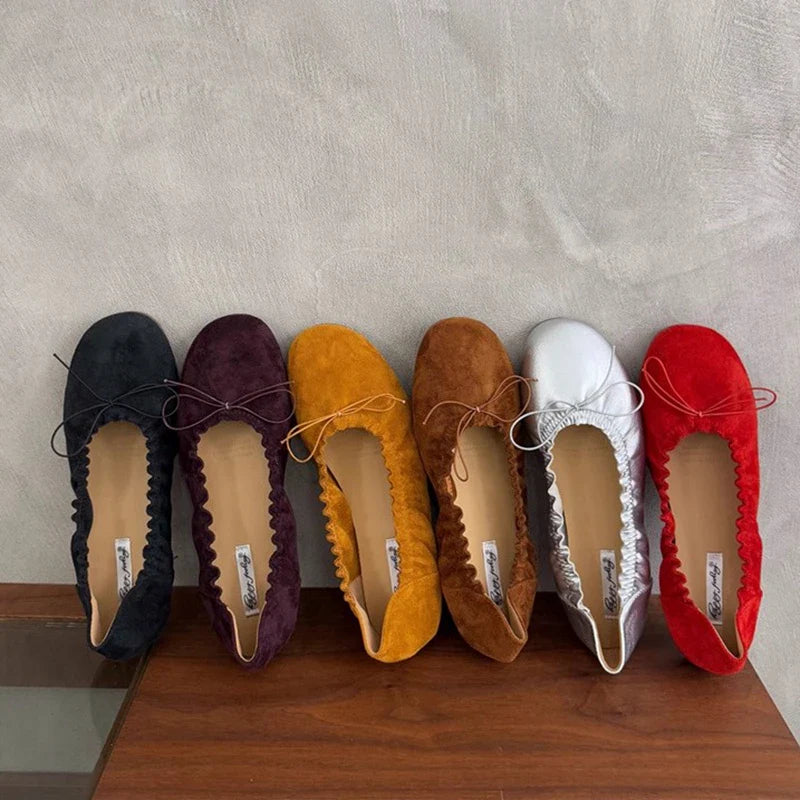 Brand Flat Shoes Round Toe Pleated Shallow Slip On Boat Shoes Soft Flat Heel Single Shoes