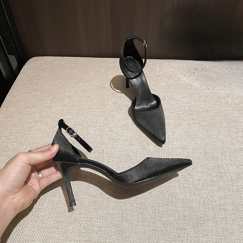 Satin Pointed Toe High-heeled Shoes All-match Stiletto Microfiber Exquisite One-line Sandals