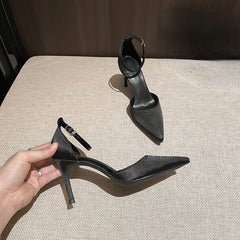 Satin Pointed Toe High-heeled Shoes All-match Stiletto Microfiber Exquisite One-line Sandals