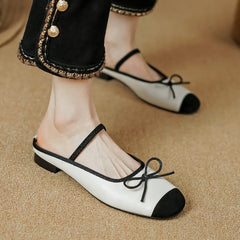 genuine leather mix color pathcwork round toe slip-on flats mules leisure soft comfortable shoes