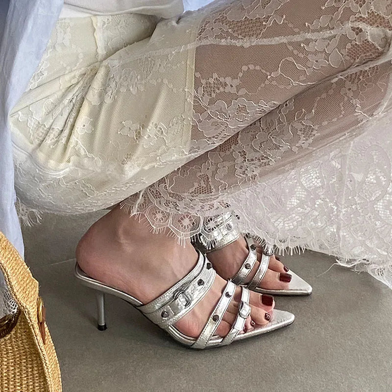 Pointed Toe Heels Pumps Slides Shoes In Slip Rivet High Heels Shoes