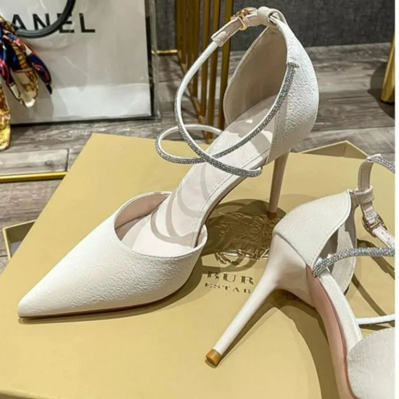 Rhinestone High Heels Pumps Buckle Wedding Shoes Pointed Stiletto Heel T-Heel Sandals