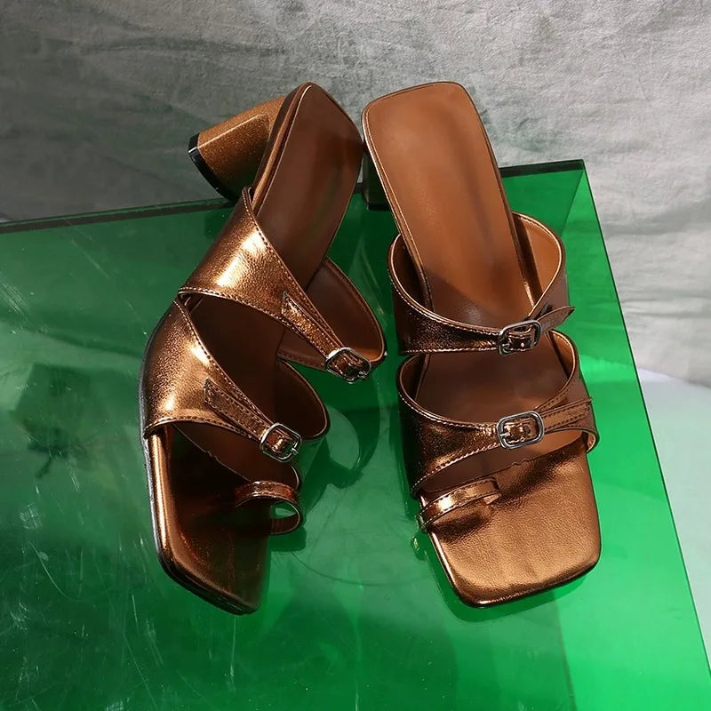 Antique Brown Patent Leather Double Buckle Strap Slides Square Open Toe Low Block Heel Sandals Flip Flops Shoes