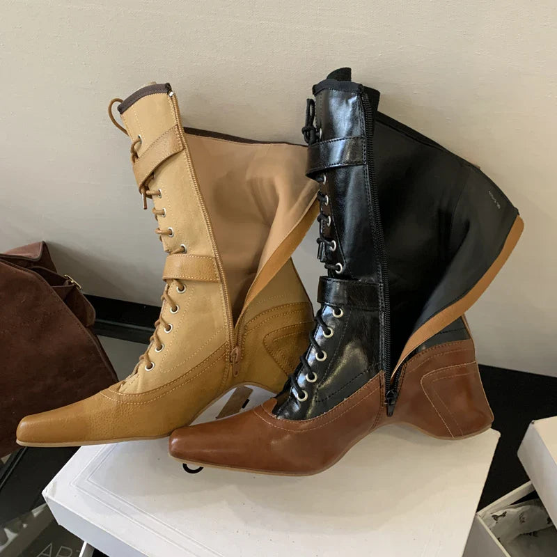 Yellow Cowboy Boots Lace Up Belt Buckle Block Heels Mid-calf Western Boots Vintage Shoes Black Botas Mujer