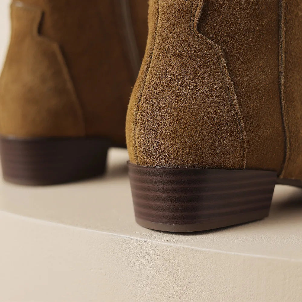 Natural Suede Leather Square Toe Side Zip Knee High Western Boots Casual Long Boots Shoes