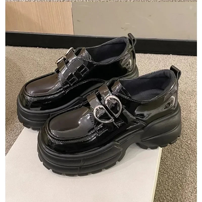 Loafers High Platform 7CM Shoes Thick Sole PU Leather British Metal Buckle Simple Mary Jane Shoes