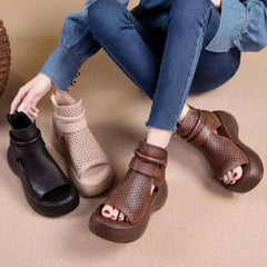 Hollow Breathable Hole Shoes Thick Sole Leather Fish Mouth Hook Loop Retro Comfortable Wedge Sandal Plus Size 43