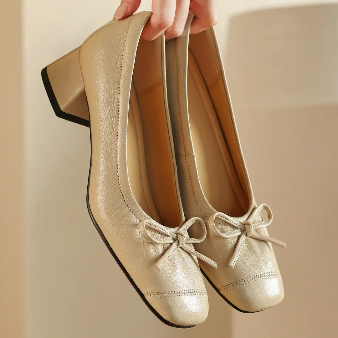 Plus size 34-41 sheepskin slip-on pumps 4cm thick low heel sweet bowtie elegant high quality soft comfort shoes