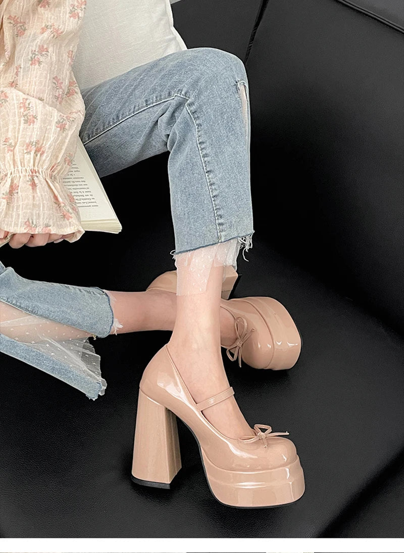 Platform Thick Heel Mary Jane Shoes Butterfly-knot Shoes Outdoor Dress Leather Pumps