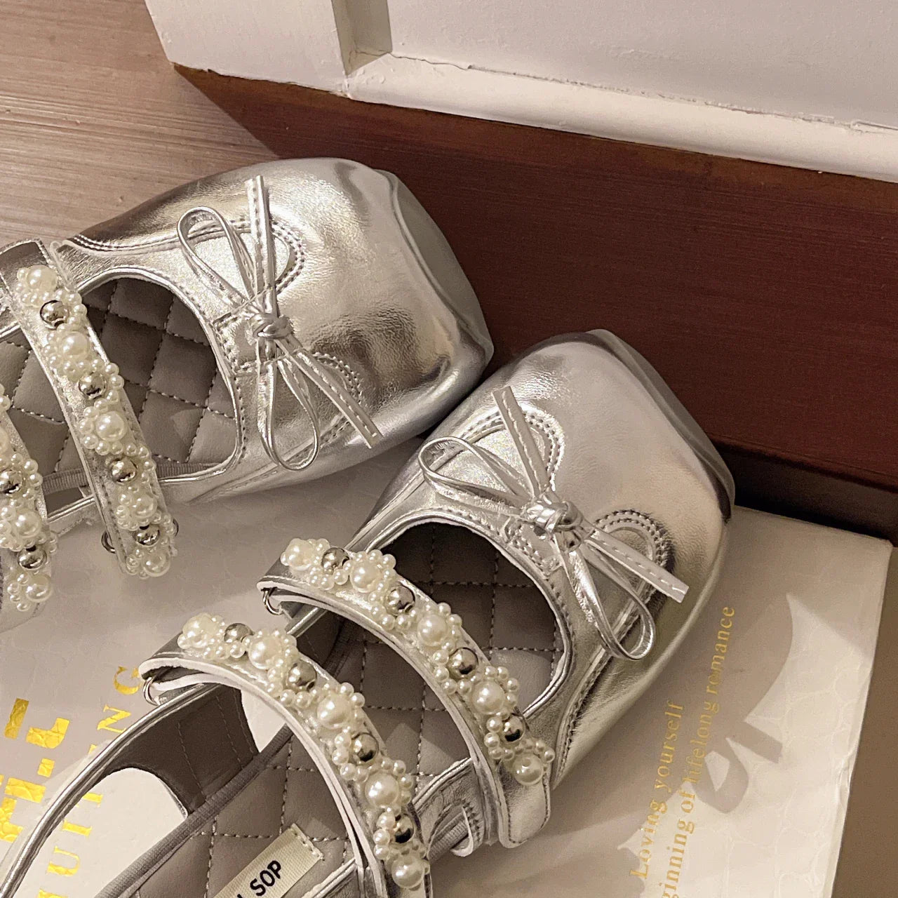 Pearl Bow Mary Jane Leather Shoes Flats Sandals Square Toe Slippers Lolita Mujer Zapatillas