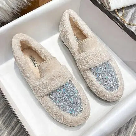 Plus Size 34-43 Wool Shoes Warm Cotton Loafers Femmes Lambswool Moccasins Slip On Round Toe Sheep Fur Flats