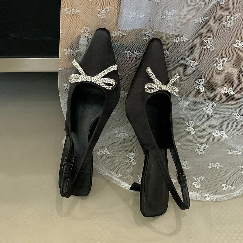 Shallow Medium Heels Sandals Shoes Pointed Toe Footwear Butterfly-Knot Heels Pumps Sandals Shoes