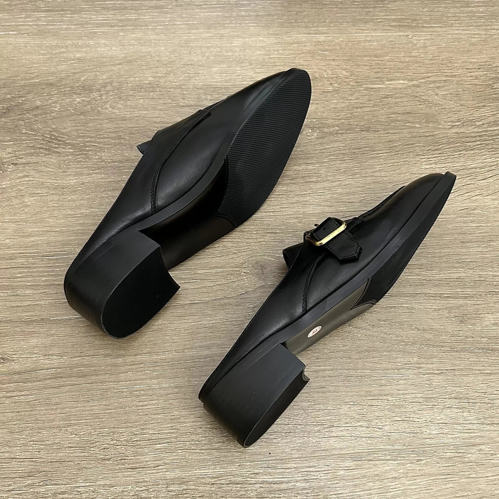 British Buckle Strap Mules Shoes Med-High Heels Slippers Slip On Derby Sliders Femmes Pantuflas PU Leather Loafers Woman