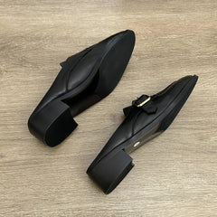 British Buckle Strap Mules Shoes Med-High Heels Slippers Slip On Derby Sliders Femmes Pantuflas PU Leather Loafers Woman