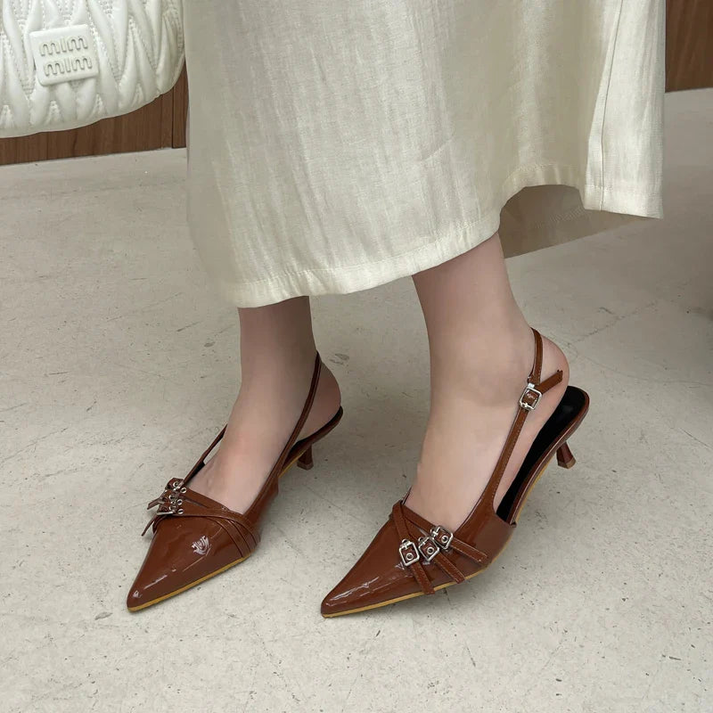 Orange Ladie Pumps Pink High Heels Pointed Toe Slingback Shoes Belt Buckle Low Heel Office Shoes Blue