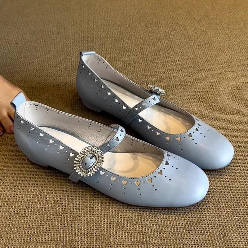 Retro Rhinestone Buckle Ballet Flas Hollow Comfort Shallow Soft Sole Round Toe Mary Jane Shoes
