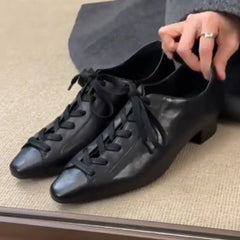 Black British Style Leather Shoes Retro Lace Up Mid Heel Pumps Comfortable Elegant Commuter Office Shoes Zapatos De Mujer
