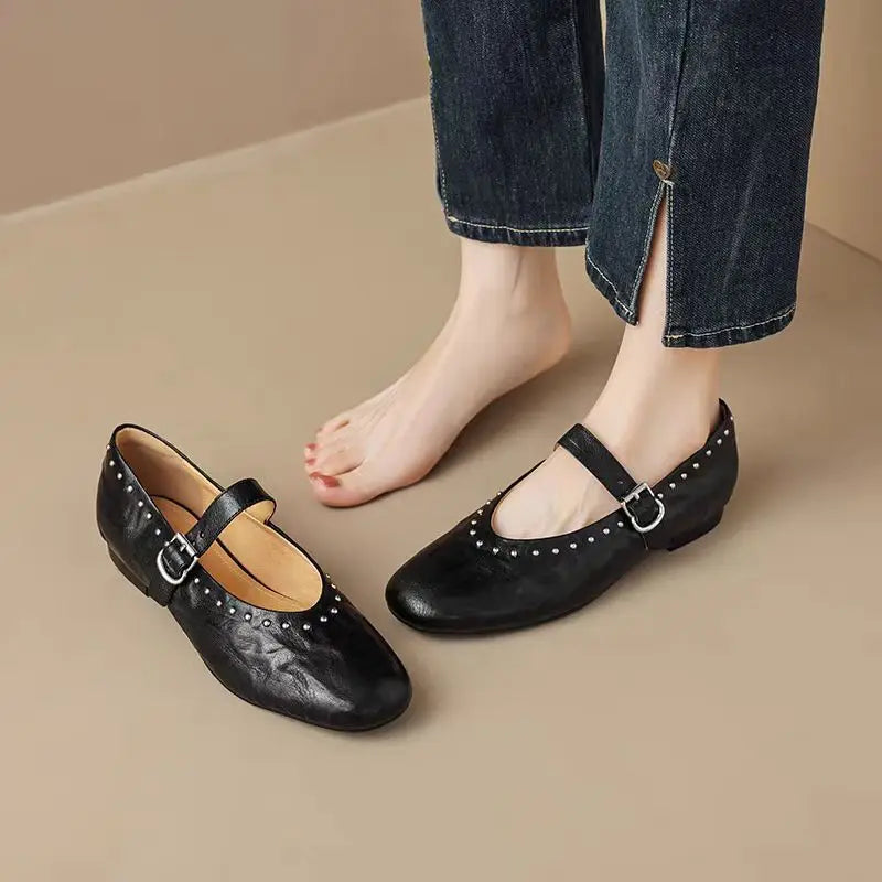 French Retro Mary Jane Ballet Shoes Flat Flat Casual Round Toe Riveted Shallow Mouth Single Shoes