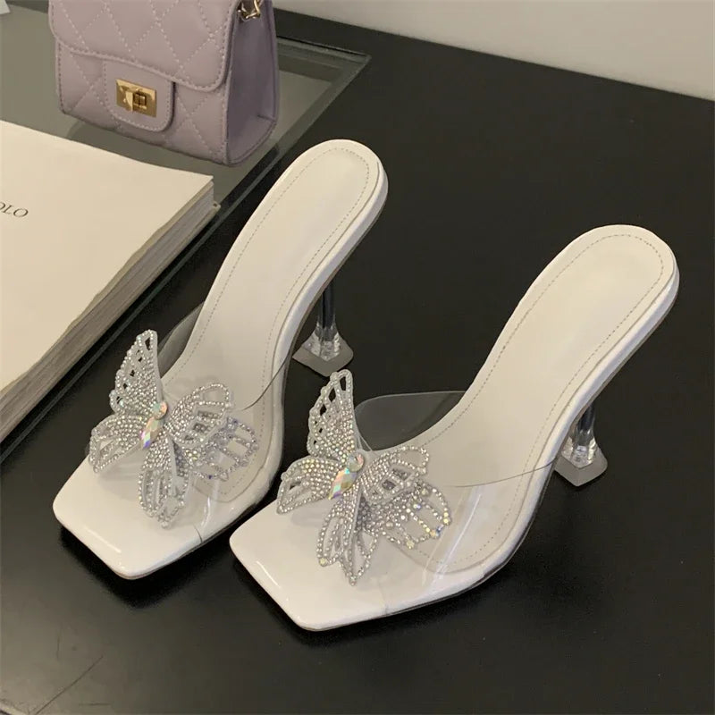 PVC Transparent Butterfly-knot Square Toe Woman Slippers Crystal Heels Slide Shoes