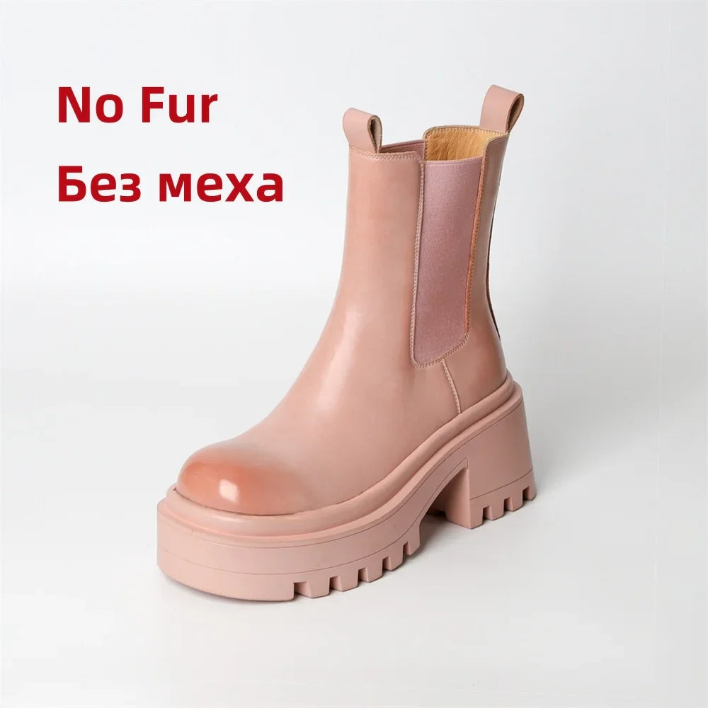 Platforms Ankle Boots Genuine Leather Thick Sole Ankle Punk Motorcycle Shoes Combat Booties