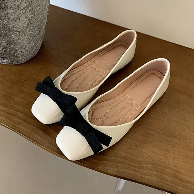 Mary Jane Shoes Square Toe Flats Shallow Dress Shoe Butterfly Knot Patent Leather Soft Soled Ballet Shoes