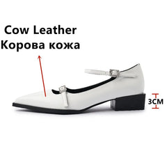 Low Heels Pointed Toe Vintage Genuine Leather Mary Janes Shoes Woman Casual Office Ladies
