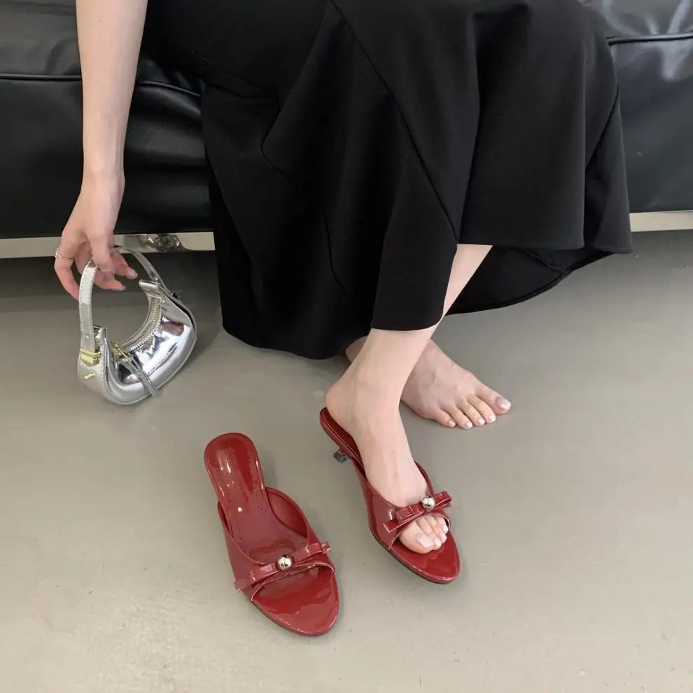 String Bead High-Heeled Shoes Ladys Slippers Outdoor Slides Pantofle Butterfly-Knot Low Rubber Flip Flops Hawaiian PU