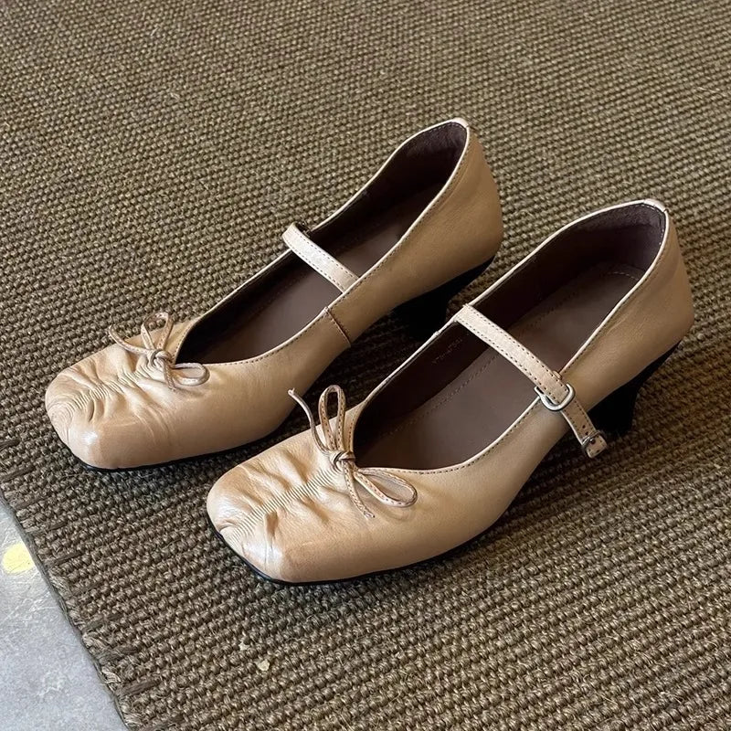 Pleated Square Toe Chunky Heel Mary Jane Shoes Bowknot Design Elegant Heels