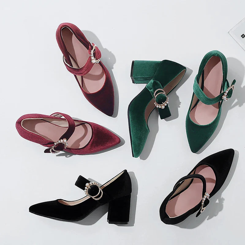 Velvet Mary Jane Shoes Pearls Buckle High-heeled Velour Green Burgundy Pumps Office Banquet Party 33-43