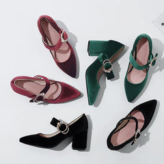 Velvet Mary Jane Shoes Pearls Buckle High-heeled Velour Green Burgundy Pumps Office Banquet Party 33-43