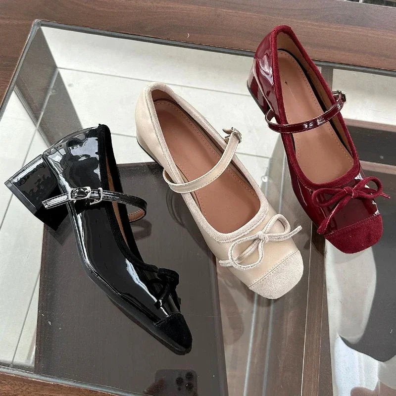 Chunky Mary Jane Shoes Butterfly-knot Elegant Ballet Shoes Retro High Heels Zapatos De Mujer