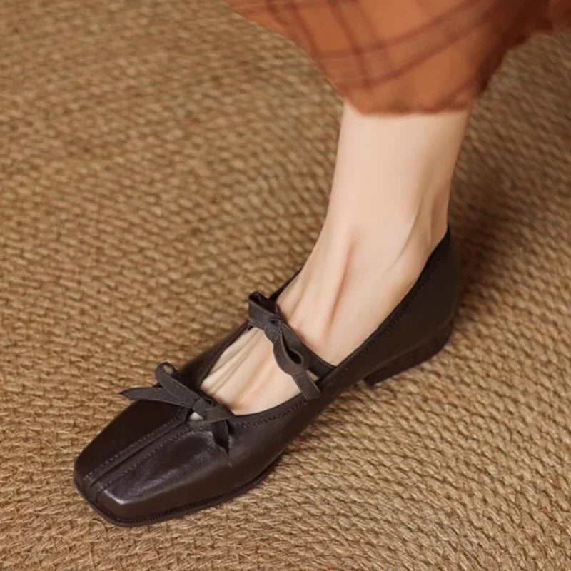 Mary Jane Shoes Ballet Bow Square Toe Mid Heels Nude Shoes Casual Elegant Shallow Pumps
