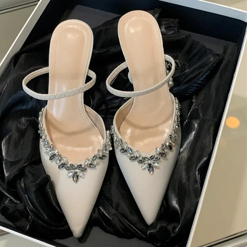 Pointed Toe Slippers Crystal Thin Heels Party Dress Mule shoes