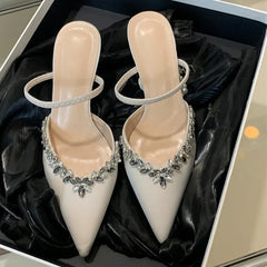Pointed Toe Slippers Crystal Thin Heels Party Dress Mule shoes