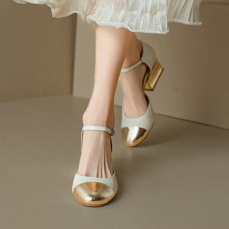 Sheepskin Leather Pumps Pearls Chunky Heels Shoes Brand Two Tone Buckle Pumps Wedding Party Dressy Shoes