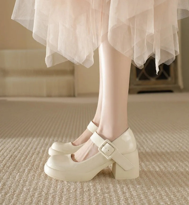 High Heels Word Belt Mary Jane Single Shoes Thick Heel Light Mouth Buckle High Heel Leather Shoes