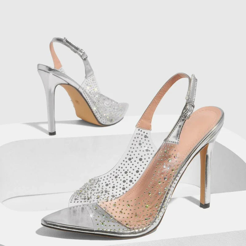 Rhinestone Thin Heeled Sandals Pointed Toe Transparent PVC Pumps Size 42 Elegant Party Backless Stripper Shoes