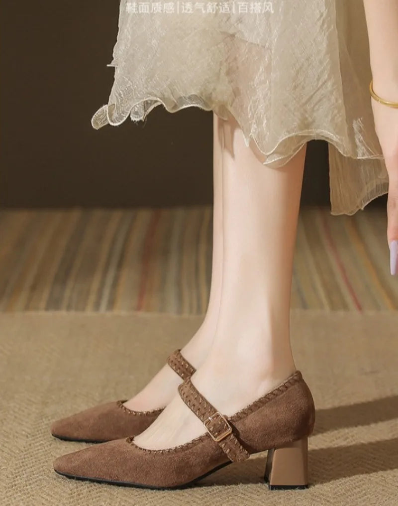 High Heeled One-word Buckle with Light Mouth Pumpss Thick Heel Small Square Head Mary Jane Shoes