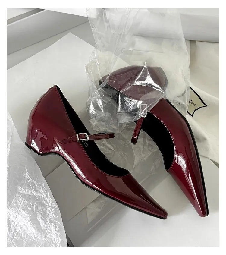Pointed Toe Shoes Buckle Strap Solid Color Retro Brand 5CM High Heel Shallow Concise